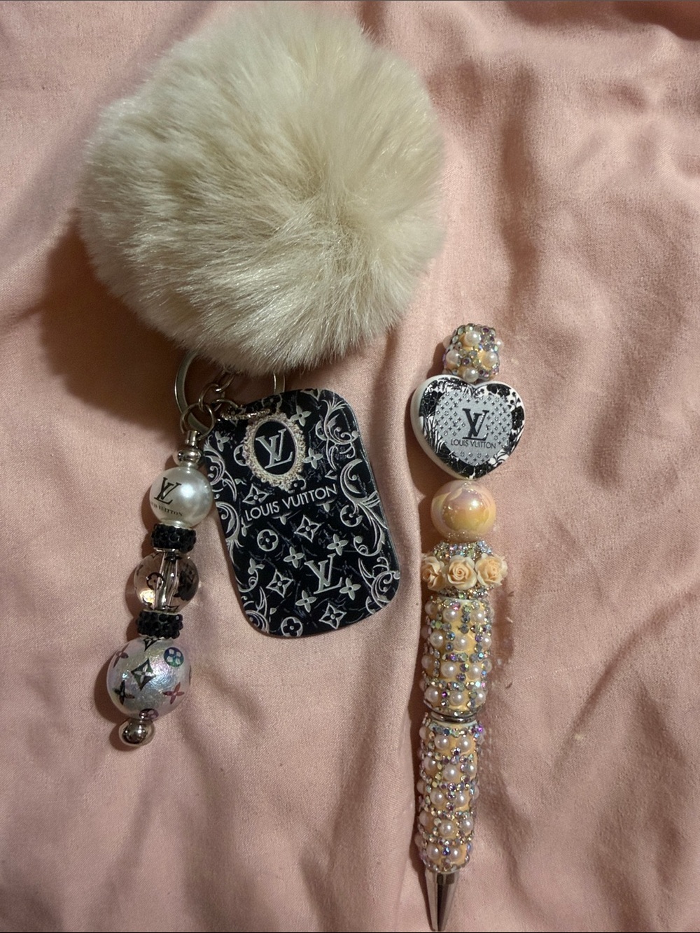 Brown matching keychain and rhinestone pen with extra pen refill.